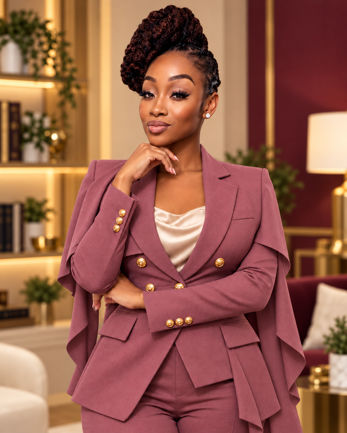 Tenae’zha Boyd in a mauve suit, with her hand resting beneath her chin